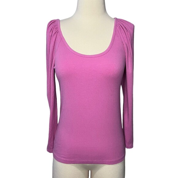 Ann Taylor Women's XS Rib Scoop Neck Long Sleeve Puff Shoulder Top Barbie Pink - Picture 1 of 6